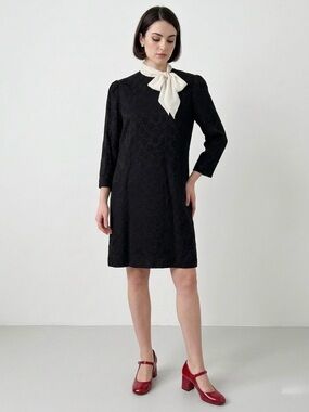 Sandro Shift Dress with Ivory Neck Bow Black Floral Print